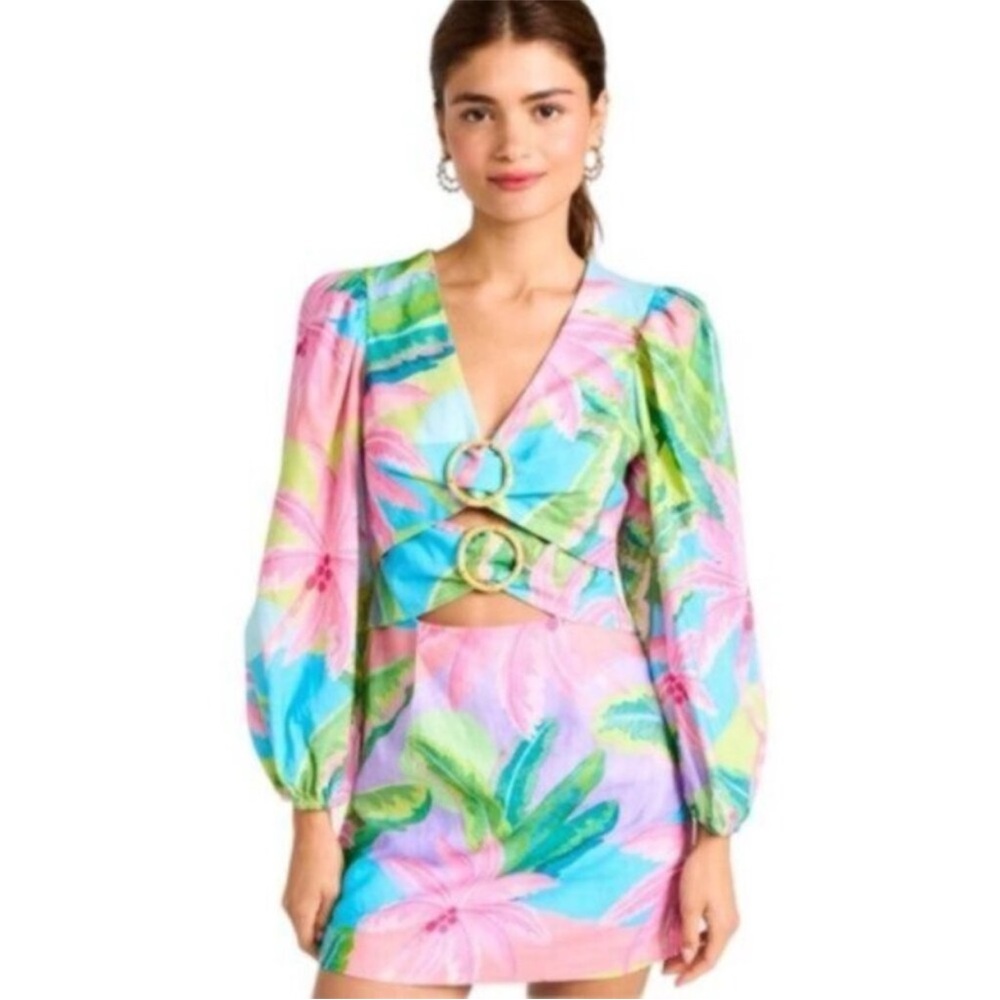 Farm Rio Beach Vibe Mini Dress Cutout Floral Tropical Puff Sleeve Size M.